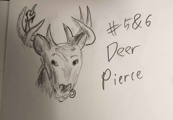 A deer that has a lip piercing and antlers and something being stabbed by the antlers. Um. Text to the side, too.