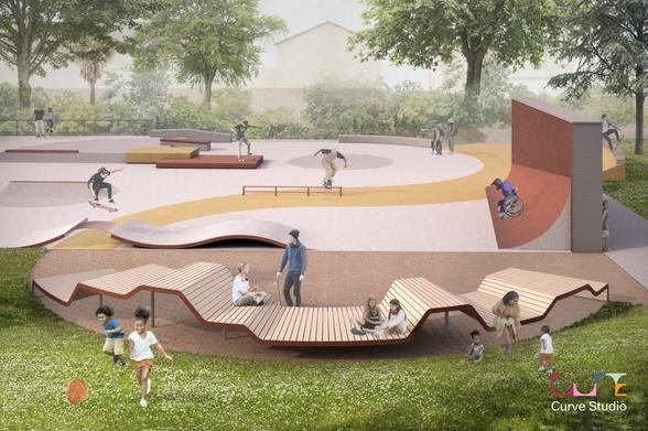 Visual design showing proposed skate plaza at Victoria Park, Swansea, part of council’s £2.8m wheeled sports investment.
