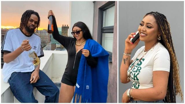 Side-by-side photos showing Sweezzy and Regina Daniels on a rooftop holding drink bottles at sunset, and a separate image of Regina smiling while on a phone call.