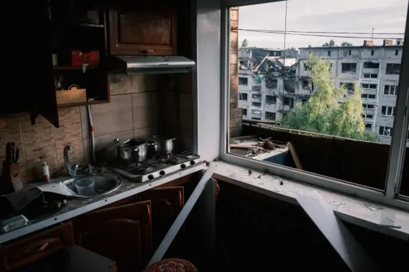 A ruined building in Pokrovsk, Donetsk Oblast, on June 28, 2025. (Francis Farrell/The Kyiv Independent)