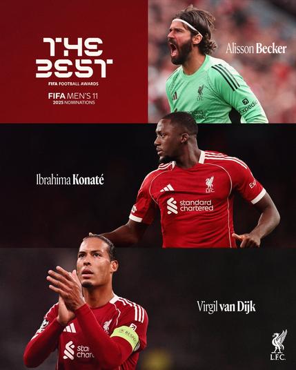 Graphic showcasing that Alisson Becker, Ibrahima Konate and Virgil van Dijk have been nominated in the Men's 11 at the 2025 The Best FIFA Football Awards.
