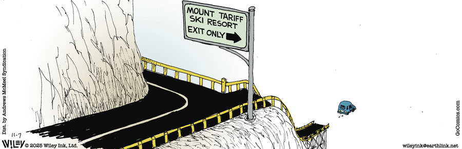 mountain road with downward ski-ramp at sharp left turn, with sign that says "Mount Tariff Ski Resort Exit Only"