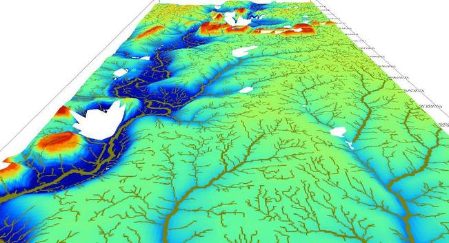Hydrological network and flow accumulation over a 3D digital terrain model
