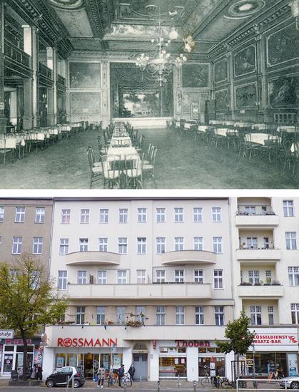 Oben: links Festsäle in der Neuköllner Hermannstraße 49; Postkarte von 1906: Unter Tarnung agitierte hier Rosa Luxemburg im Herbst 1914 gegen den Krieg. Unten Haus in der Hermannstraße 49 in Berlin-Neukölln; der ehemalige Festsaal ist heute nicht mehr öffentlich zugänglich.