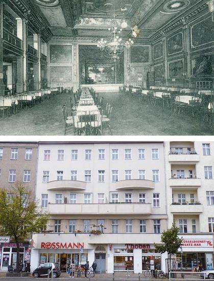 Oben: Festsäle in der Neuköllner Hermannstraße 49; Postkarte von 1906: Unter Tarnung agitierte hier Rosa Luxemburg im Herbst 1914 gegen den Krieg. Unten: Haus in der Hermannstraße 49 in Berlin-Neukölln; der ehemalige Festsaal ist heute nicht mehr öffentlich zugänglich.