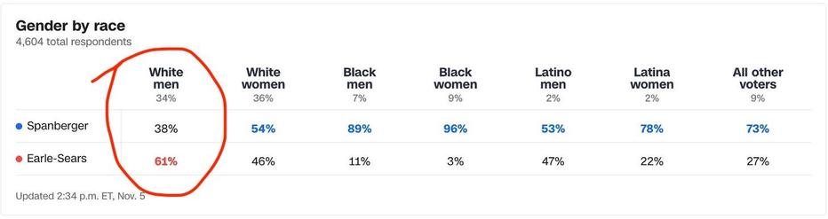 A graph breaking down votes in the Virginia governor's election by gender and ethnicity, showing that white men were the one demographic that voted in majority for the Republican