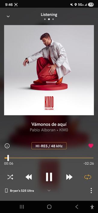 Qobuz screengrab of Pablo Alborán and KM0 album being streamed.