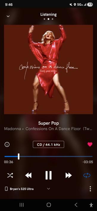 Qobuz Screengrab of Madonna and new Confessions on a Dance Floor 20th Anniversary Edition being streamed