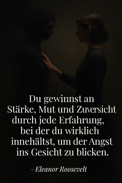 Zitat:
„Du gewinnst an Stärke, Mut und Zuversicht durch jede Erfahrung, bei der du wirklich innehältst, um der Angst ins Gesicht zu blicken.“
— Eleanor Roosevelt