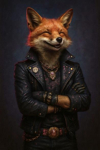 KI-Bild (GPT1 Medium):

Fritzefuchs in seiner neuen schwarzen Lederjacke. Er grinst sehr füchsisch und freut sich über den modischen Fund des Tages!