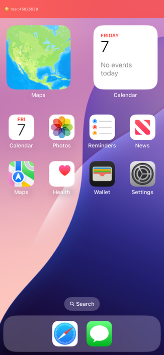 iPhone 12 mini simulator screenshot featuring red bar at top with text: ๐ณ rdar:45025538