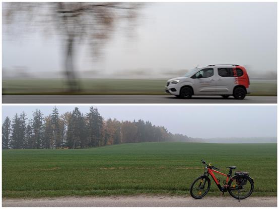 Bildkollage:
Oben: Action-Aufnahme eines weißen Kastenwagens mit rotem Heck das auf einer Bundesstraße fährt. Verschwommen ist eine Birke am Straßenrand zu sehen.
Unten: Ein rotes Raleigh Dundee Mountainbike steht auf einem Wirtschaftsweg vor einer Wiese. Im Hintergrund stehen Nadelbäume, die im Nebel verschwinden.