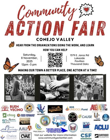 A promotional poster for the "Community Action Fair" in Conejo Valley, scheduled for November 8, 2025, from 12 PM to 3 PM. The event's location is at Lakeside Pavillion, Thousand Oaks.