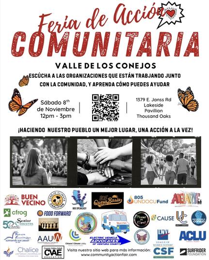 A Spanish-language promotional poster for the "Feria de Acción Comunitaria" event in Valle de los Conejos, scheduled for November 8, from 12 PM to 3 PM. It features images of a speaker, joined hands, and people walking together.