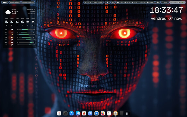 #UnixPorn #DailyDesktop #SHareYourDesktop #Fedora 43 #Gnu #Linux #Gnome 
Fond d'écran représentant un "démon" féminin faaçon Matrix en rouge