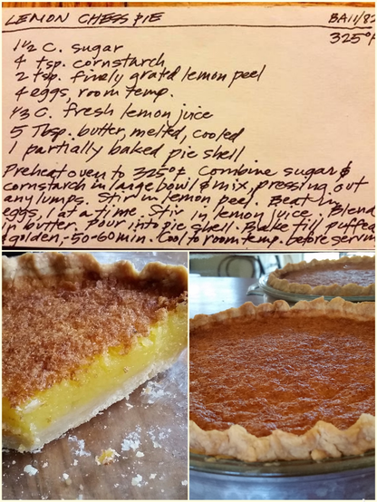 Collage of recipe card for lemon chess pie, a view of a whole pie, and a view of a cut pie.