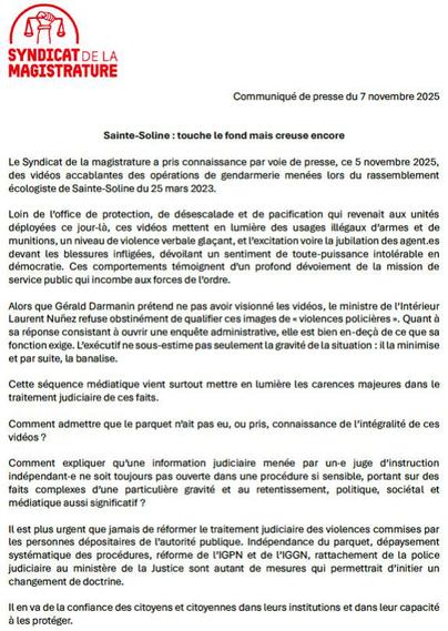 Image reprenant le texte de notre communiqué de presse pouvant être lu sur cette page : https://www.syndicat-magistrature.fr/notre-action/defense-des-libertes/atteintes-a-l-action-syndicale-et-au-mouvement-social/communiqu%C3%A9-de-presse-sainte-soline-touche-le-fond-mais-creuse-encore/