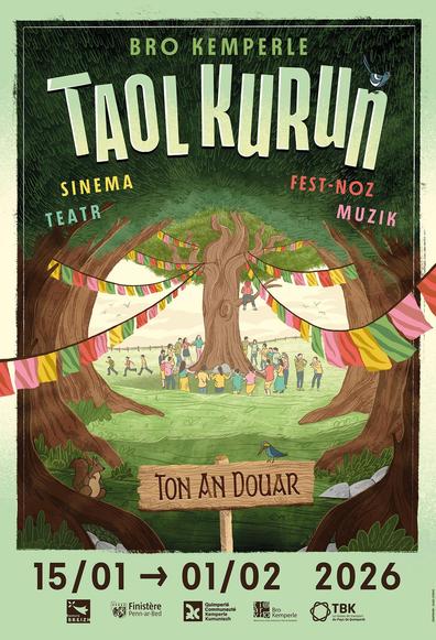 SKRITELL/ AFFICHE TAOL KURUN 2026 : un arbre au milieu d'un prés, avec des fanions qui le relient au monde, et des gens qui dansent autour de son tronc.