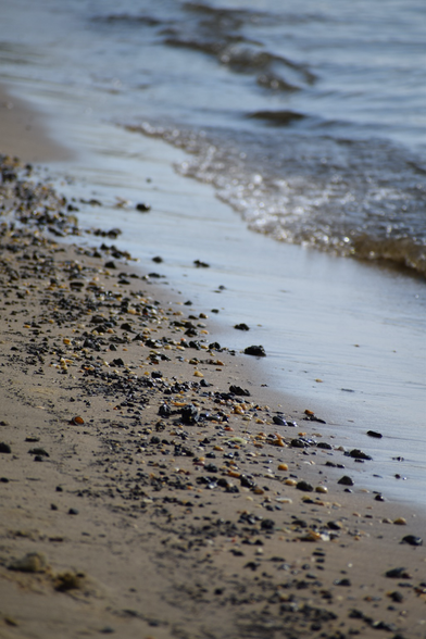Closeup of the water’s edge, the tiniest of waves lapping wet sand dotted with small stones.