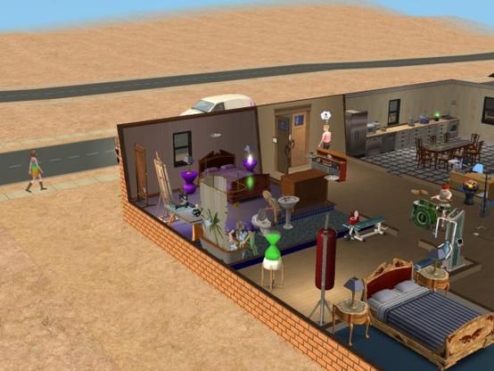 An interior view of a cozy house with a kitchen and living area, showing various furniture and decorations. A character is seen interacting with objects while another character walks outside.