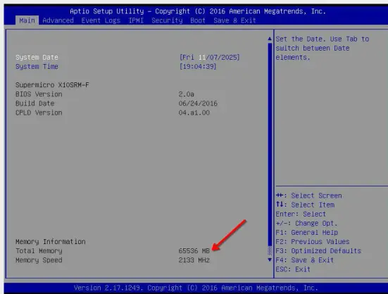 Screenshot vom BIOS, zeigt 64GB RAM