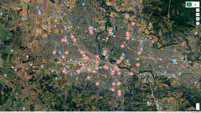 A screen shot of a Google Maps overlay of Eugene, Oregon annotating the locations of Flock Cameras as reported by EPD.