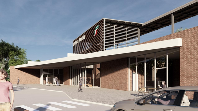 rendering della futura stazione Divino Amore, con vista degli accessi pedonali.