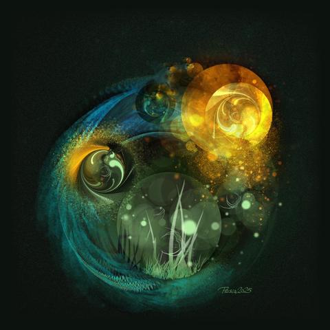 watercolour; dark moss background with a wave of blue cascading on the left of a circle, the inside shows grass blades, on the top right there's a fire sphere of heat dispersing into specks of yellow at its bottom.