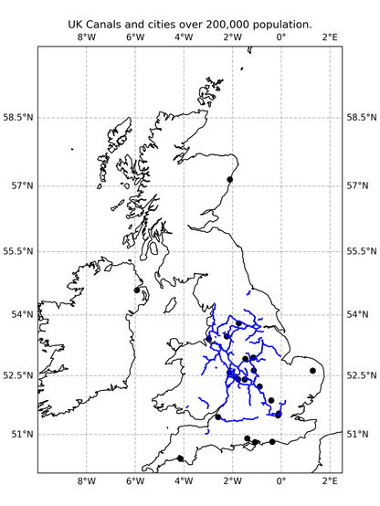 Map showing the coastlines of the UK. Cities with a population over 200,000 are shown as black dots. UK canal network is shown as blue lines. Canals are centred around the Midlands with a connection down to London.