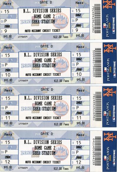 Four tickets to Game 2 of the 2008 National League Division Series at Shea Stadium in New York. A game which never took place because the Mets did not make the postseason.