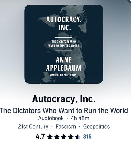 Cover of Autocracy, Inc.: The Dictators Who Want to Run the World by Anne Applebaum. The design shows a dark blue world map with the title and author’s name in bold white uppercase letters. Below the title, it notes she is a Pulitzer Prize winner. The audiobook listing underneath shows its length (4 h 48 m), tags “21st Century,” “Fascism,” “Geopolitics,” and a 4.7-star rating from 815 reviews.