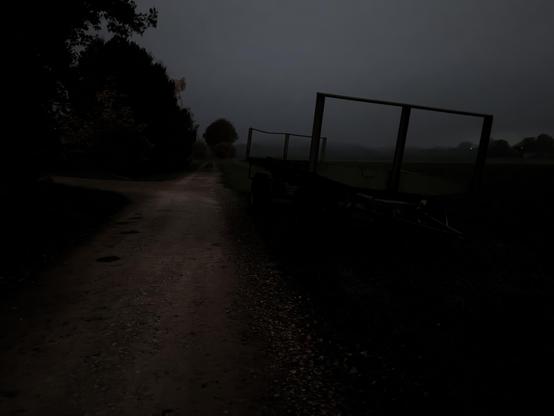 Eine schwach beleuchtete ländliche Szenerie mit einem gewundenen Feldweg, der von Bäumen gesäumt ist. Rechts steht ein alter Wohnwagen, Nebel und Dunkelheit sorgen für eine stimmungsvolle Atmosphäre.