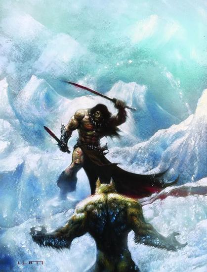 Stunning art by Liam Sharp of Conan coming at a wolfman. Cover of the new Savage Sword issue 11
