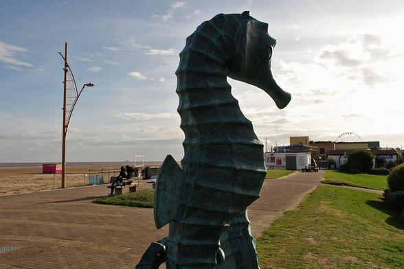 Priority and Trust seahorse sculptures on Great Yarmouth sea front