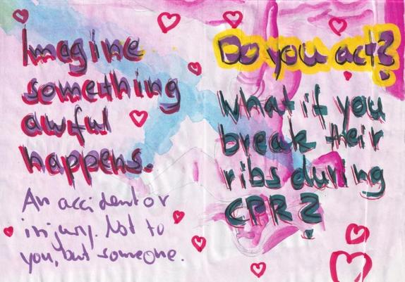 A double page spread of the Consider the alternative zine: Imagine something awful happens. An acicdent of injury. Not to you, but someone. Do you act? What if you break their ribs during CPR?