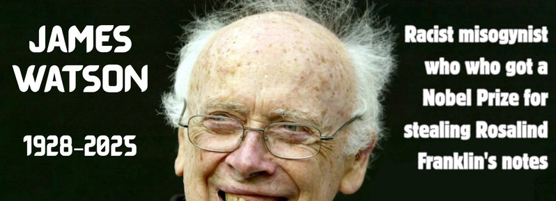 Photograph of the face of James Watson. 

To the left, his nane and date: "James D. Watson,  1928–2025".

The right the text: "Racist misogynist who who got a Nobel Prize for stealing Rosalind Franklin's notes"