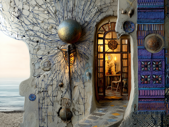 An enchanted, cozily ominous seaside structure, the cracked surface of its white stone walls held together by an organic net of wires and inscrutable technology. An open arched doorway leads into a warmly lit, inviting interior.