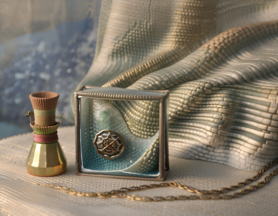 A moment frozen in time, sealed, in glass, in a frame, next to a small brass and fabric vessel. A rippling stone-textured fabric in the background and underneath the objects shows that time has continued on.
