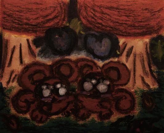 An oil pastel drawing of a squirrel couple holding paws at night in front of a pair of trees. Some leaves fell around them.