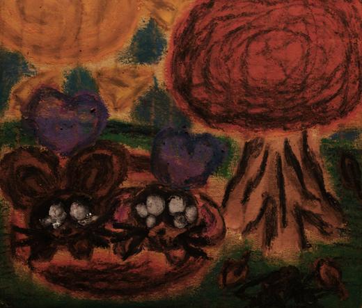 An oil pastel drawing of a brown bunny and a light-brown lop bunny playing in a leaf pile under a tree.