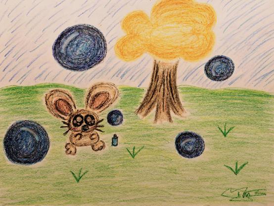 A crayon drawing of a light brown bunny blowing blue colored bubbles.