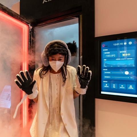 Attendees trying out a cryogenic therapy room at a longevity and anti-aging conference in Shanghai in September.