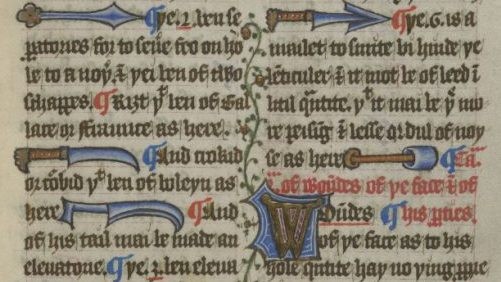 Manuscript in Middle English, the words interspersed with miniature images oftools for the surgical treatment of skull fractures and head wounds. From a translation of Guy de Chauliac’s Chirurgia magna: Cambridge, Jesus College, MS Q.G.23, f185r.