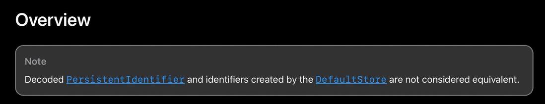A note of the PersistentIdentifier doc. It reads "Decoded PersistentIdentifier and identifiers created by the DefaultStore are not considered equivalent".