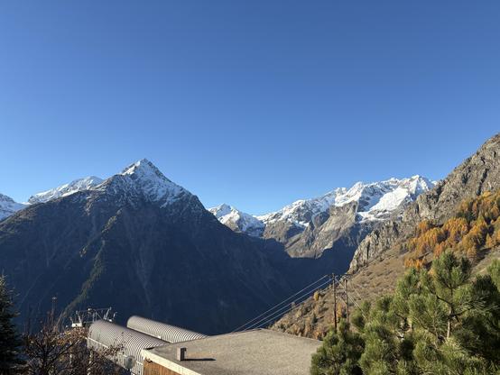 Snow-capped mountains under a clear blue sky, with a foreground featuring a building roof, power lines, and trees.
