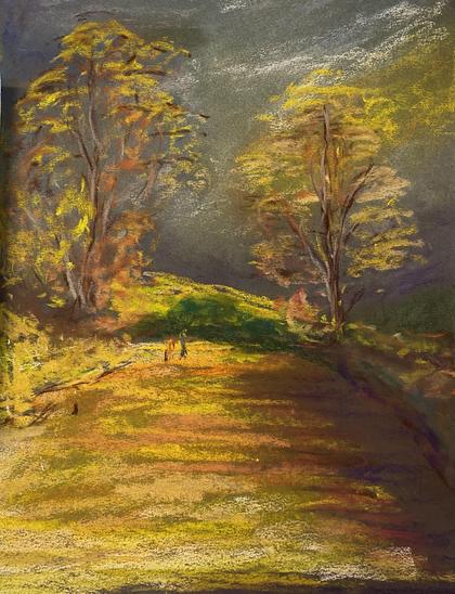 Autumn scene with a path strewn with golden leaves leading between into the picture - with the didtant figures of a man and dog on the path