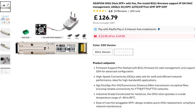 screenshot of aliexpress item - SFP+ module with a fan