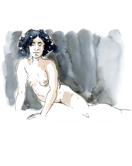 Frontale Zeichnung einer Sitzenden mit zur linken Seite ausgestreckten übereinanderliegenden Beinen. Die Frau stützt den Oberkörper zur rechten Seite ab. Ihr ovales Gesicht ist von Locken umrahmt.