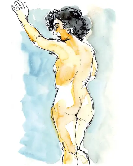 Dreiviertel-Rückansicht einer Stehenden mit erhobenem linken Arm und nach links geneigtem Profil.