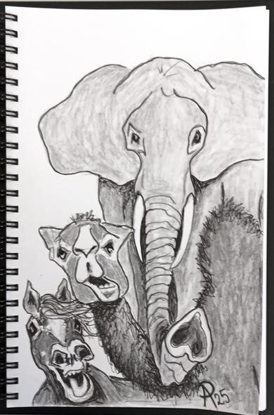 Bleistift-Zeichnung von drei Tieren, die einen mit lustig geöffneten Schnauzen anschauen: von links nach rechts ein Pferd, ein Kamel und ein Elefant. Letzterer streckt einem den Rüssel entgegen.